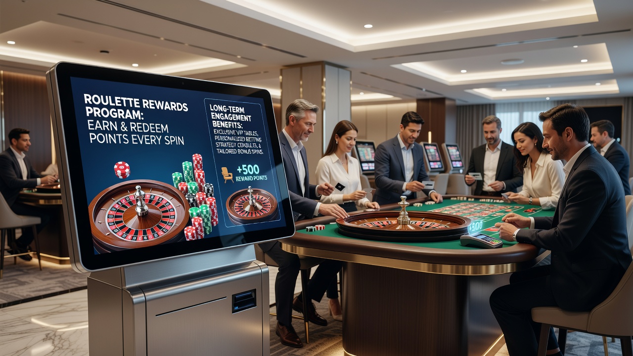 Roulette tafel met beloningsstructuren en spelers die loyaliteitspunten verzamelen
