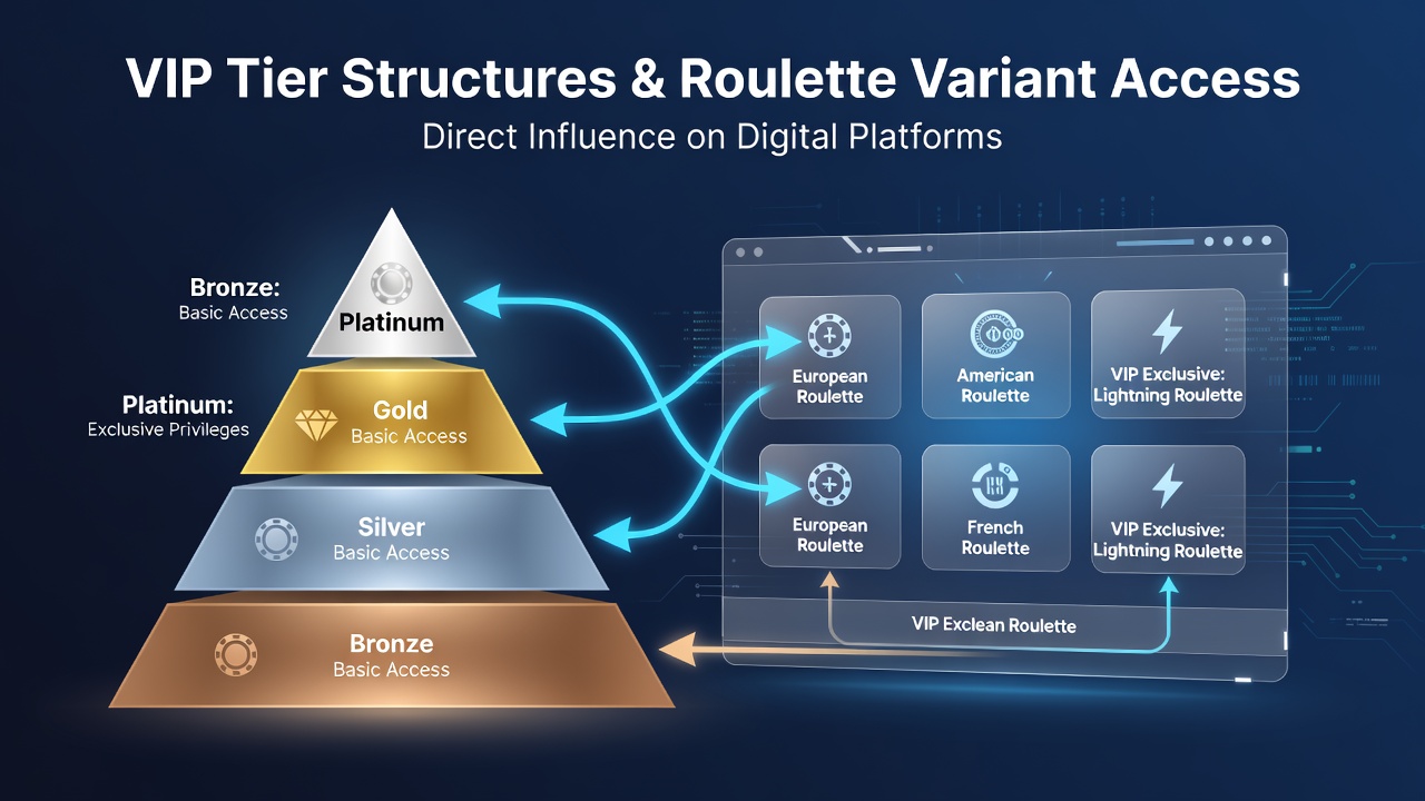 Diagram van VIP-tier structuren die toegang tonen tot diverse roulette varianten op digitale platforms