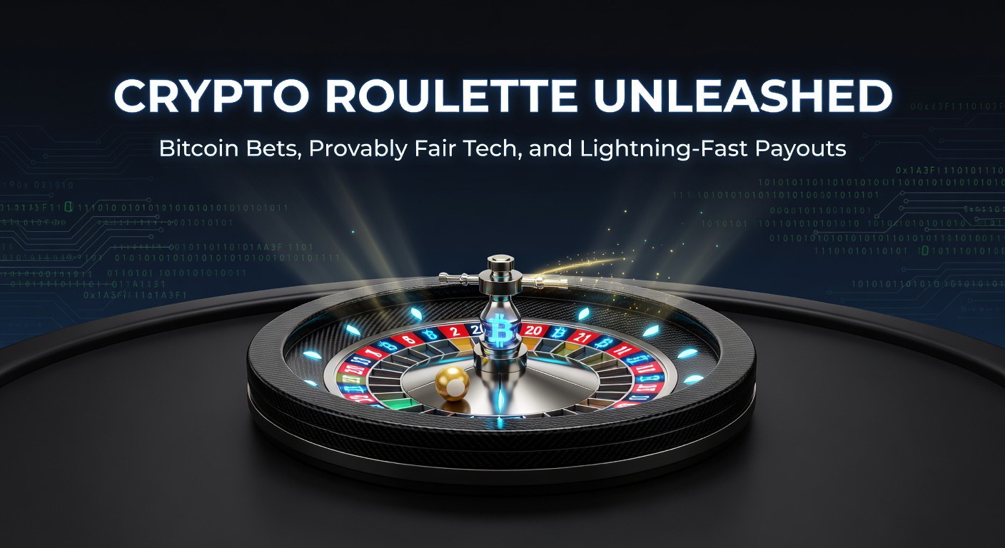 Een dynamische weergave van een crypto roulette wiel met Bitcoin symbolen en provably fair verificatie icoontjes, symboliserend snelheid en transparantie in online gokken