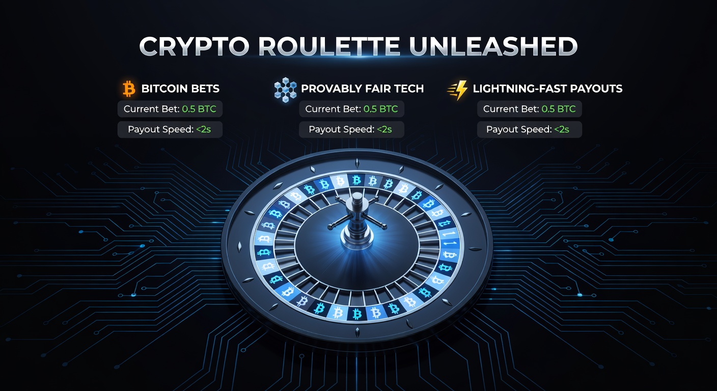 Close-up van een provably fair crypto roulette interface met blockchain verificatie tool, Bitcoin wallet connectie en een draaiend wiel op een high-tech achtergrond