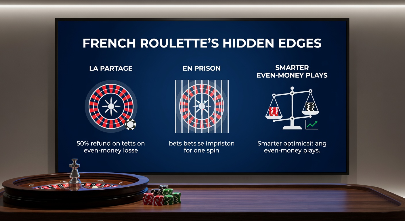 Dichtbij shot van een Franse roulette-tafel met En Prison-markering op een even-money bet na nul-uitkomst, plus grafiek van verlaagd house edge