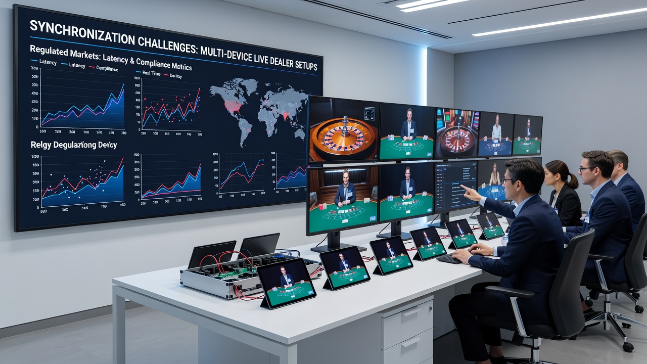Technische weergave van multi-device live dealer synchronisatie in online casino setups