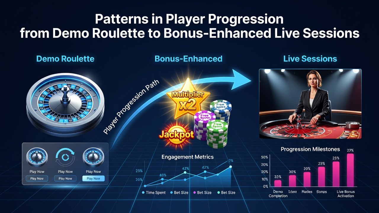 Grafiek die de overgang van demo roulette naar live sessies met bonussen illustreert, met pijlen en percentages voor spelersprogressie