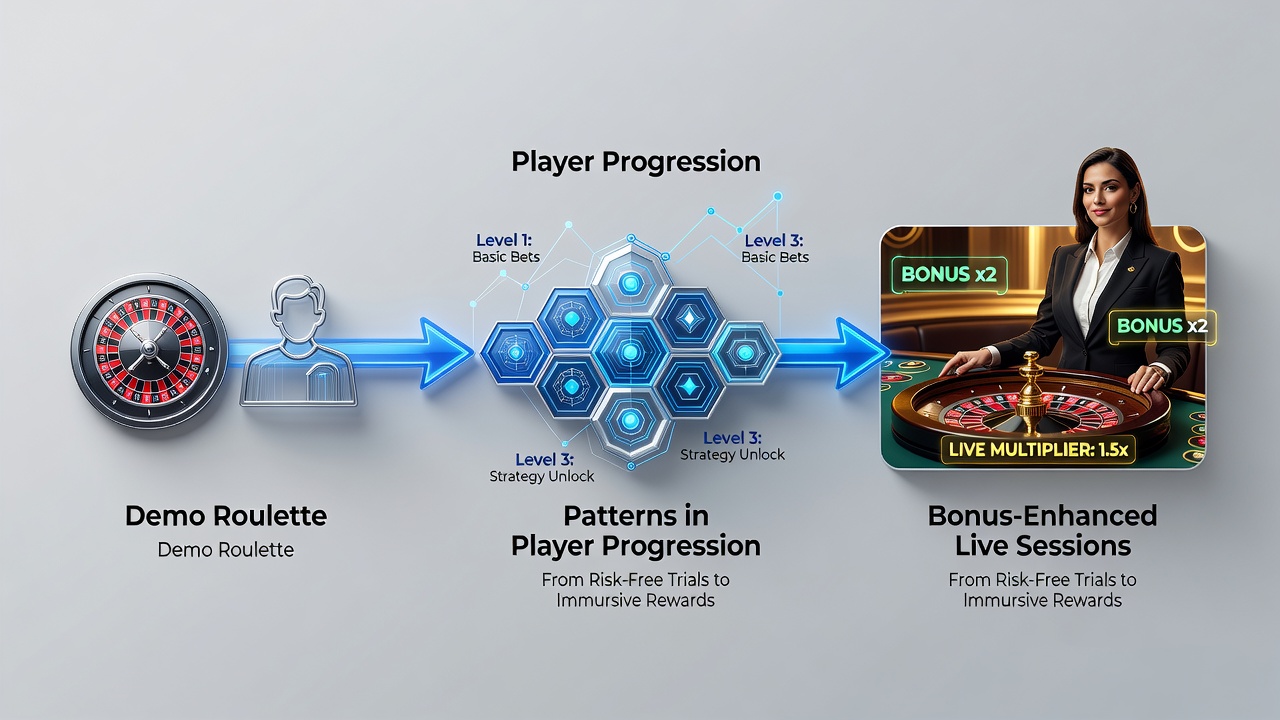 Illustratie van live roulette tafel met bonus iconen en speler trajecten van demo naar live omgeving