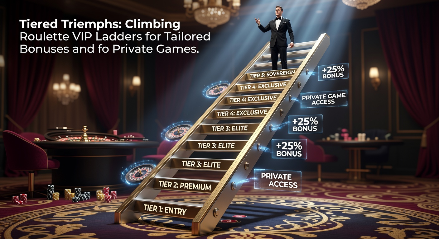 Speler beklimt een gouden VIP-ladder in een online roulette casino, met stralende bonussen en exclusieve tafels op hogere niveaus