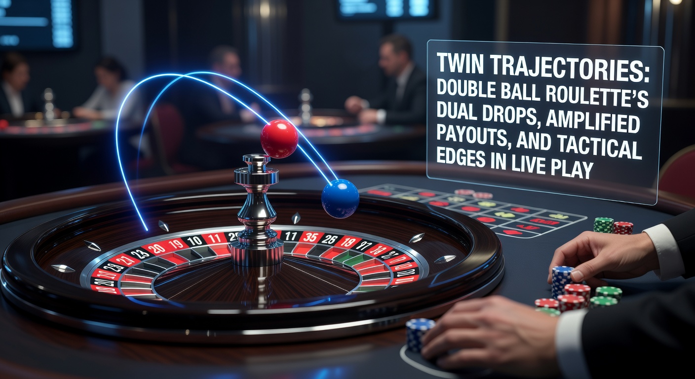 Live double ball roulette tafel met twee ballen in beweging tijdens een spin, dealershand zichtbaar