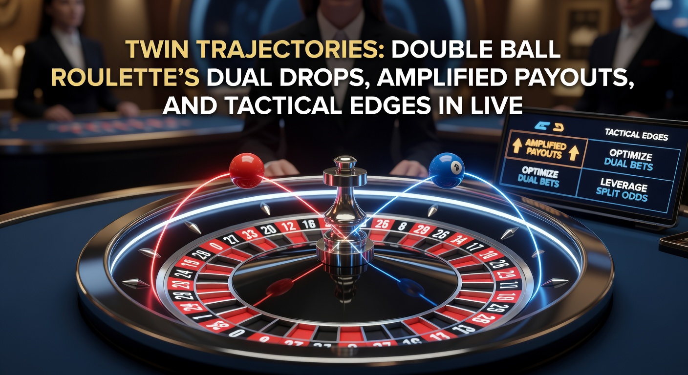 Close-up van twee roulette ballen die duale trajecten volgen op een live double ball wiel, met spotlight effecten en dealer in actie