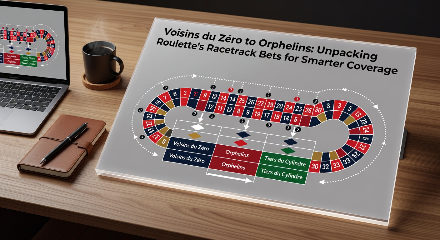De racetrack-layout op een Franse roulette-tafel met gemarkeerde Voisins du Zéro-sectie